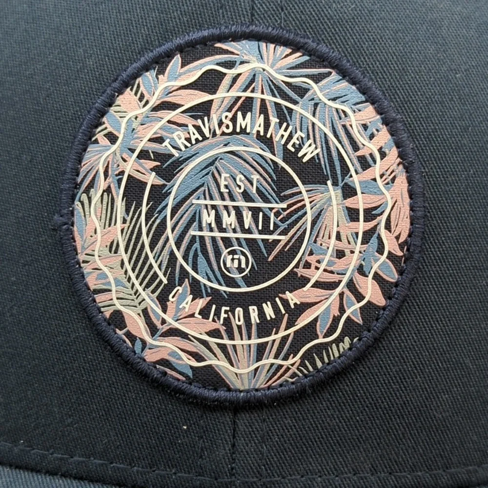 TravisMathew Baseball Cap Hat Navy Blue Palm Tree Patch Flexfit 110 Adjustable